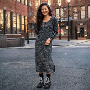 OBEY Marl Knit Sweater Midi Dress Long Sleeve Streetwear Side Slit Pullover Lg